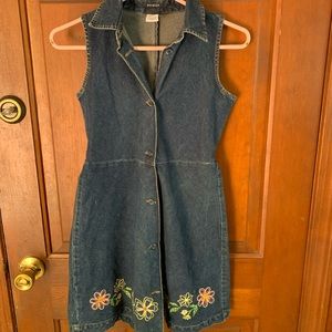 Girls vintage denim dress with floral trim size 10 in good condition